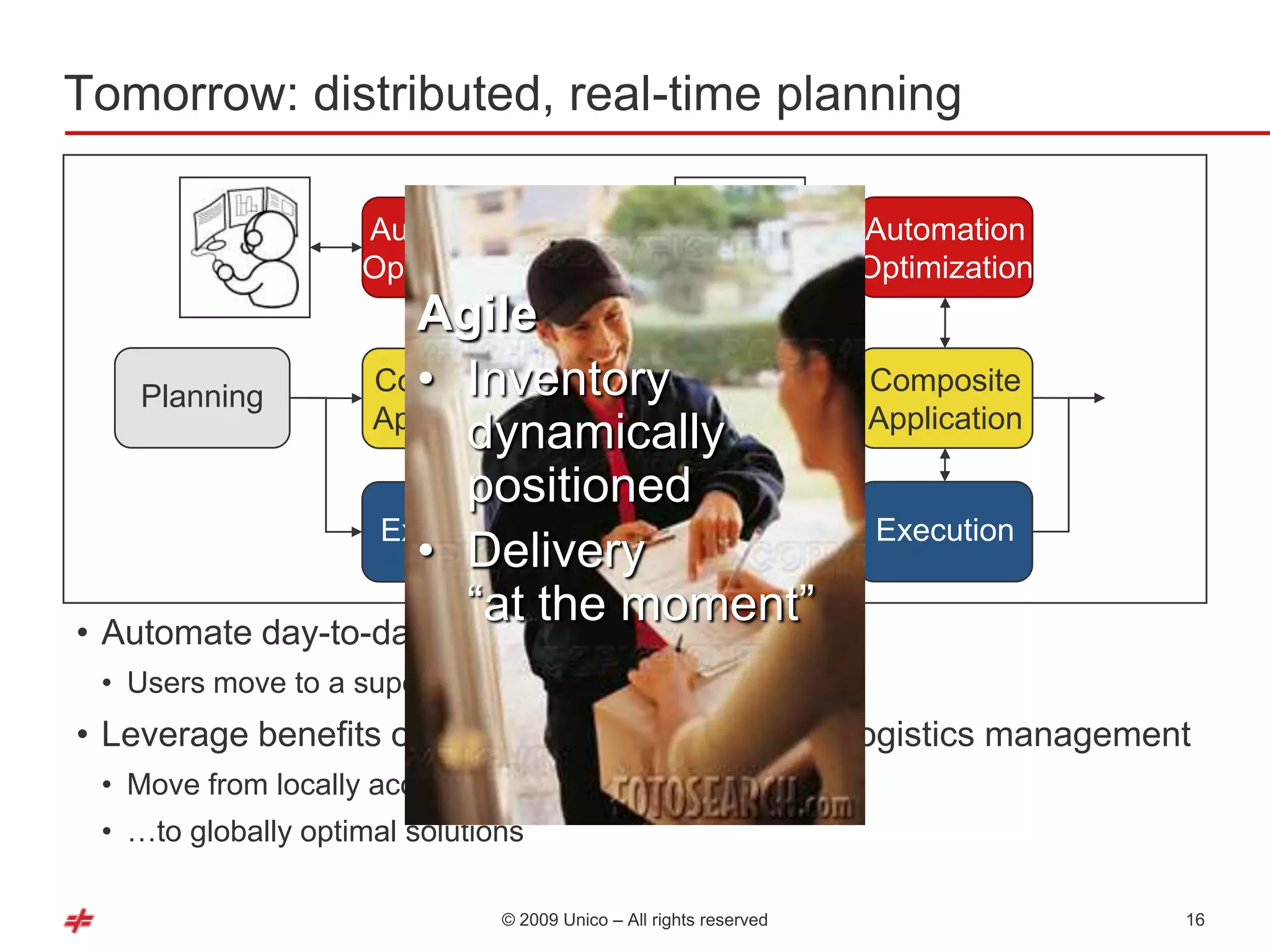 Tomorrow: distributed, real-time planning

                    Automation                                      Automation
                    Optimization                                    Optimization
                    Agile
    Planning        • Inventory
                  Composite     Planning
                                                                    Composite
                  Application                                       Application
                        dynamically
                        positioned
                  Execution                                          Execution
                    • Delivery
                        ―at themanagement
• Automate day-to-day exception
                                moment‖
 • Users move to a supervisory/process-improvement role
• Leverage benefits of technology to optimize the logistics management
 • Move from locally acceptable solutions…
 • …to globally optimal solutions

                               © 2009 Unico – All rights reserved                  16
 