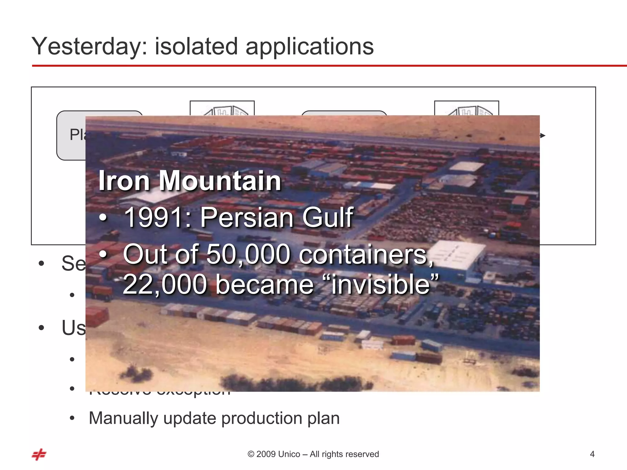 Yesterday: isolated applications


     Planning                                 Planning


        Iron Mountain
        • 1991: Persian Gulf
                    Execution                        Execution


•       • Out of 50,000 containers,
    Separate planning and execution systems
           22,000 became ―invisible‖
     • Logistics planning is actually production planning
• Users forced to deal with business exceptions
     • Identify root cause
     • Resolve exception
     • Manually update production plan
                             © 2009 Unico – All rights reserved   4
 