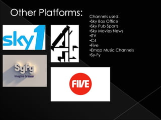 Channels used:
•Sky Box Office
•Sky Pub Sports
•Sky Movies News
•ITV
•C4
•Five
•Emap Music Channels
•Sy-Fy
 