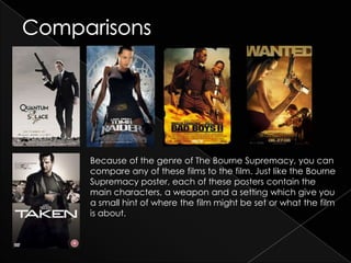 Because of the genre of The Bourne Supremacy, you can
compare any of these films to the film. Just like the Bourne
Supremacy poster, each of these posters contain the
main characters, a weapon and a setting which give you
a small hint of where the film might be set or what the film
is about.
 