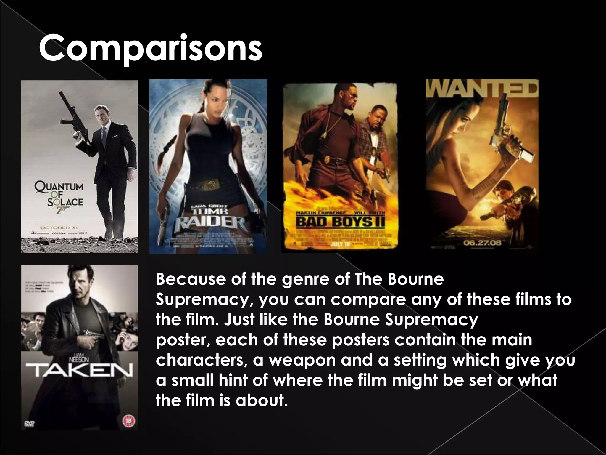 Because of the genre of The Bourne
Supremacy, you can compare any of these films to
the film. Just like the Bourne Supremacy
poster, each of these posters contain the main
characters, a weapon and a setting which give you
a small hint of where the film might be set or what
the film is about.
 