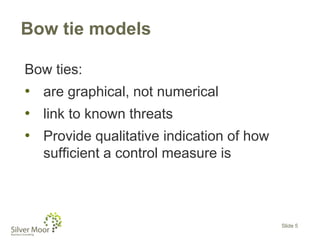 Bow tie models
Bow ties:
• are graphical, not numerical
• link to known threats
• Provide qualitative indication of how
sufficient a control measure is
Slide 5
 