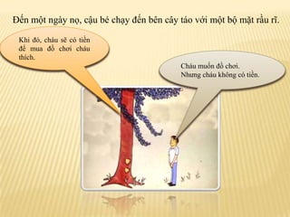 Đếnmộtngàynọ, cậubéchạyđếnbêncâytáovớimộtbộmặtrầurĩ.Cóchuyệngìvậycậubé? Hãyđếnđâyvànôđùacùngta.Xinlỗi, nhưngtakhôngcótiền.Nhưngcháucóthểháicáctráitáotrênthântavàbánchúng.Khiđó, cháusẽcótiềnđểmuađồchơicháuthích.Cháukhôngcònlàmộtđứatrẻ con nữa. Cháukhôngmuốnquanhquẩndướigốccâymãi.Cháumuốnđồchơi.Nhưngcháukhôngcótiền.