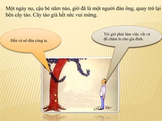 Mộtngàynọ, cậubénămnào, giờđãlàmộtngườiđànông, quay trởlạibêncâytáo. Câytáogiàhếtsứcvuimừng.Tôikhôngcónhiềuthờigian.Tôigiờphảilàmviệcvấtvảđểchăm lo chogiađình.Đếnvànôđùacùngta.