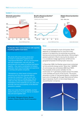Part 3: Avoiding sand: New Brazil’s solid foundations



Exhibit	7:	Electricity and ethanol production

Electricity generation                                  Brazil’s ethanol production*                                         Global	ethanol	production
Source (Kw hours, bn)                                   Barrels per day (000)                                                % (2006)
                                                        *Indicates small volume of biodiesel                                 Total = 40bn litres
                              Hydroelectric
                              Nuclear
                              Other renewables
                                                         400                                                                               Other
                              Conventional thermal
400                                                                                                                                 EU     8%
                                                                                                                                    4%
                                                         350
300
                                                         300
200                                                                                                                                                     US
                                                         250                                                                                            46%
                                                                                                                                        Brazil
                                                                                                                                        42%
100
                                                         200

0                                                        150
    1995    97      99     2001        03       2005         1997 98          2000        02          04         06 07

                          Source: EIA/Financial Times                                          Source: EIA/Financial Times                         Source: Brazil Institute



                                                                                Wind
    The	Boyden	View:	Local	executives	with	expertise	
    at putting together local teams                                             There is also potential for more wind power. Brazil
                                                                                depends on hydroelectricity for more than three-
                                                                                quarters of its electricity, but authorities are pushing
                                                                                biomass and wind as primary alternatives. Wind energy’s
    We advise US and European clients keen                                      greatest potential in Brazil is during the dry season, so
    to invest in construction projects to hire                                  it is considered a hedge against low rainfall and the
    ‘international Brazilians’ who can communicate                              geographical spread of existing hydro resources.
    well with headquarters. Not only this, but
    executives who are expert at putting local teams                            In December 2009, the Brazilian government conducted
    together – they need a combination of industry                              its first wind-only energy auction. More than 1,800MW
    expertise, recent local knowledge and experience                            of wind energy was contracted at $82.8 per MWh.
    in working with global companies.                                           The proceeds of the auction will allow for the
                                                                                construction of 71 generation projects across five states
    “Sometimes our client wants to bring a senior                               in the northeast and south of the country. The auction
    executive over from the corporate base to                                   attracted a number of international players, including the
    oversee the investment. This can work, but                                  local units of Energias de Portugal, Electricité de France,
    we put a lot of work in crafting these roles to                             Spain’s Iberdrola, EnerFin of the United States and
    make sure first, that the responsibilities and                              several Brazilian companies.
    expectations of the expatriate are very clear, and
    secondly, that the accountability of the Brazilian
    executive is realistic.

    When we review the final candidates, we then
    need to make sure, of course, that as ‘co-leaders’
    they will work together well.

    Jim Hertlein, Managing Director, Boyden
    Houston; Director Boyden World Corporation




                                                                           22
 