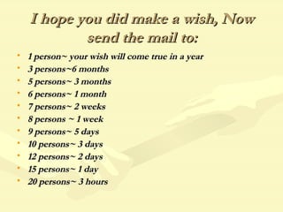 I hope you did make a wish, Now
            send the mail to:
•   1 person~ your wish will come true in a year
•   3 persons~6 months
•   5 persons~ 3 months
•   6 persons~ 1 month
•   7 persons~ 2 weeks
•   8 persons ~ 1 week
•   9 persons~ 5 days
•   10 persons~ 3 days
•   12 persons~ 2 days
•   15 persons~ 1 day
•   20 persons~ 3 hours
 