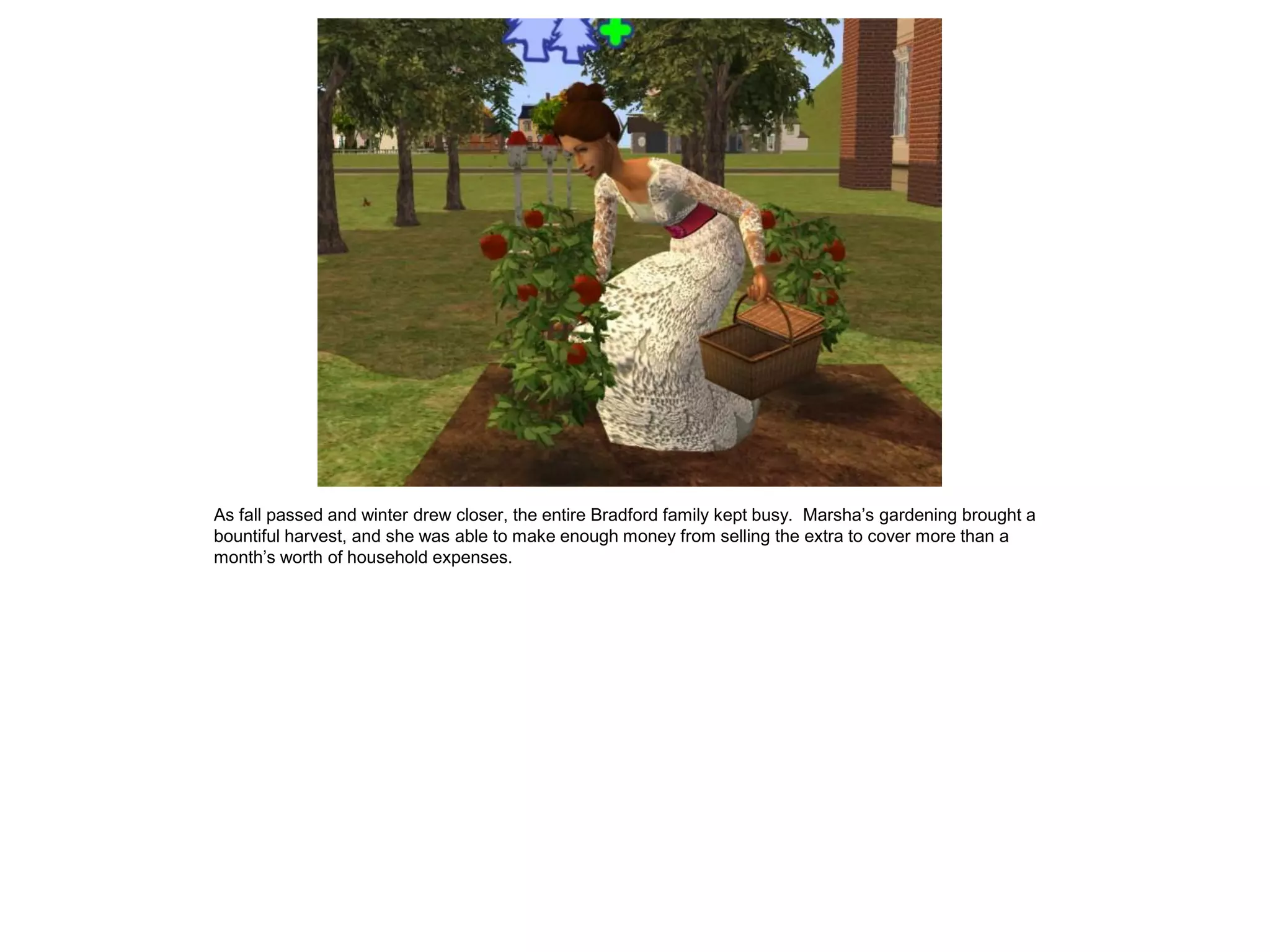 As fall passed and winter drew closer, the entire Bradford family kept busy. Marsha‟s gardening brought a
bountiful harvest, and she was able to make enough money from selling the extra to cover more than a
month‟s worth of household expenses.
 