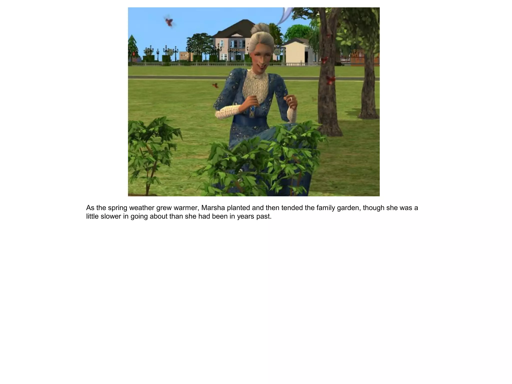 As the spring weather grew warmer, Marsha planted and then tended the family garden, though she was a
little slower in going about than she had been in years past.
 