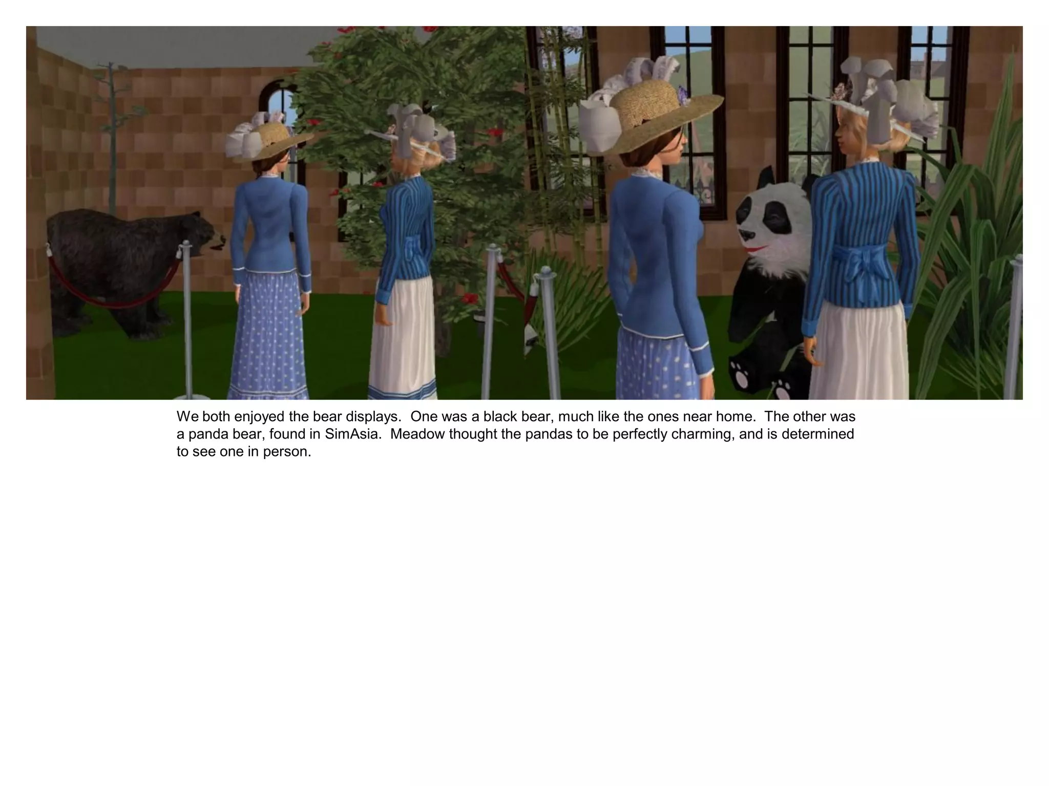 We both enjoyed the bear displays. One was a black bear, much like the ones near home. The other was
a panda bear, found in SimAsia. Meadow thought the pandas to be perfectly charming, and is determined
to see one in person.
 