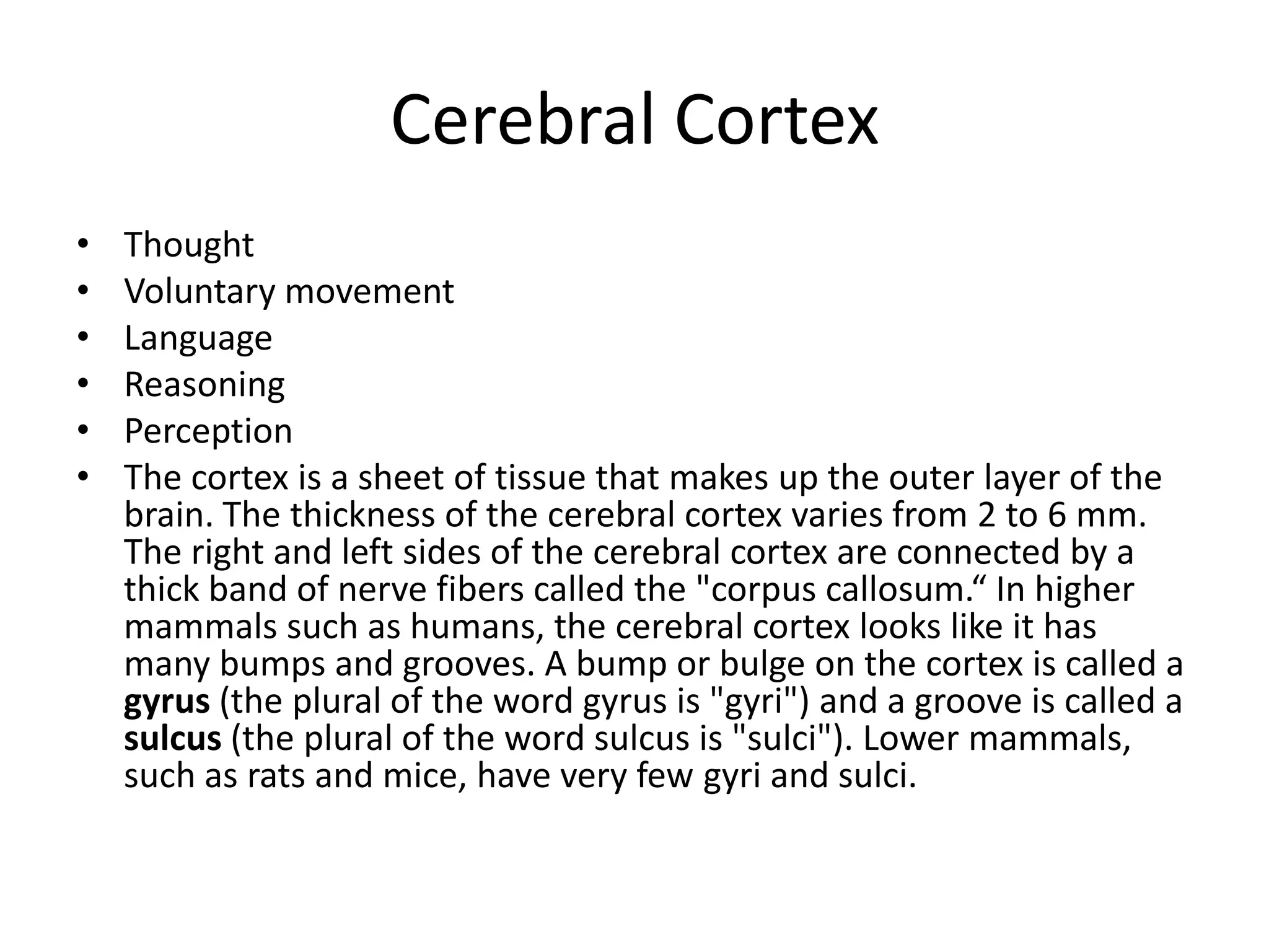Cerebral Cortex
•   Thought
•   Voluntary movement
•   Language
•   Reasoning
•   Perception
•   The cortex is a sheet of tissue that makes up the outer layer of the
    brain. The thickness of the cerebral cortex varies from 2 to 6 mm.
    The right and left sides of the cerebral cortex are connected by a
    thick band of nerve fibers called the "corpus callosum.“ In higher
    mammals such as humans, the cerebral cortex looks like it has
    many bumps and grooves. A bump or bulge on the cortex is called a
    gyrus (the plural of the word gyrus is "gyri") and a groove is called a
    sulcus (the plural of the word sulcus is "sulci"). Lower mammals,
    such as rats and mice, have very few gyri and sulci.
 