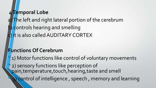 4Temporal Lobe
a)The left and right lateral portion of the cerebrum
b) controls hearing and smelling
c) it is also called AUDITARY CORTEX
Functions Of Cerebrum
•1) Motor functions like control of voluntary movements
•2) sensory functions like perception of
pain,temperature,touch,hearing,taste and smell
• 3) control of intelligence , speech , memory and learning
 