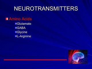 NEUROTRANSMITTERS Amino Acids Glutamate GABA Glycine L-Arginine 