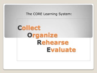 The CORE Learning System: CollectOrganizeRehearseEvaluate 