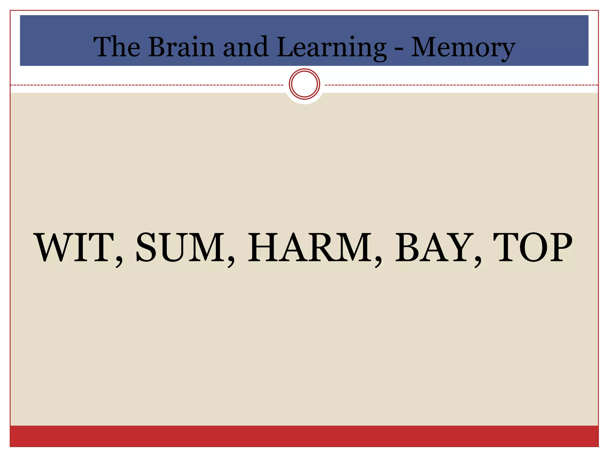The Brain and Learning - Memory




WIT, SUM, HARM, BAY, TOP
 