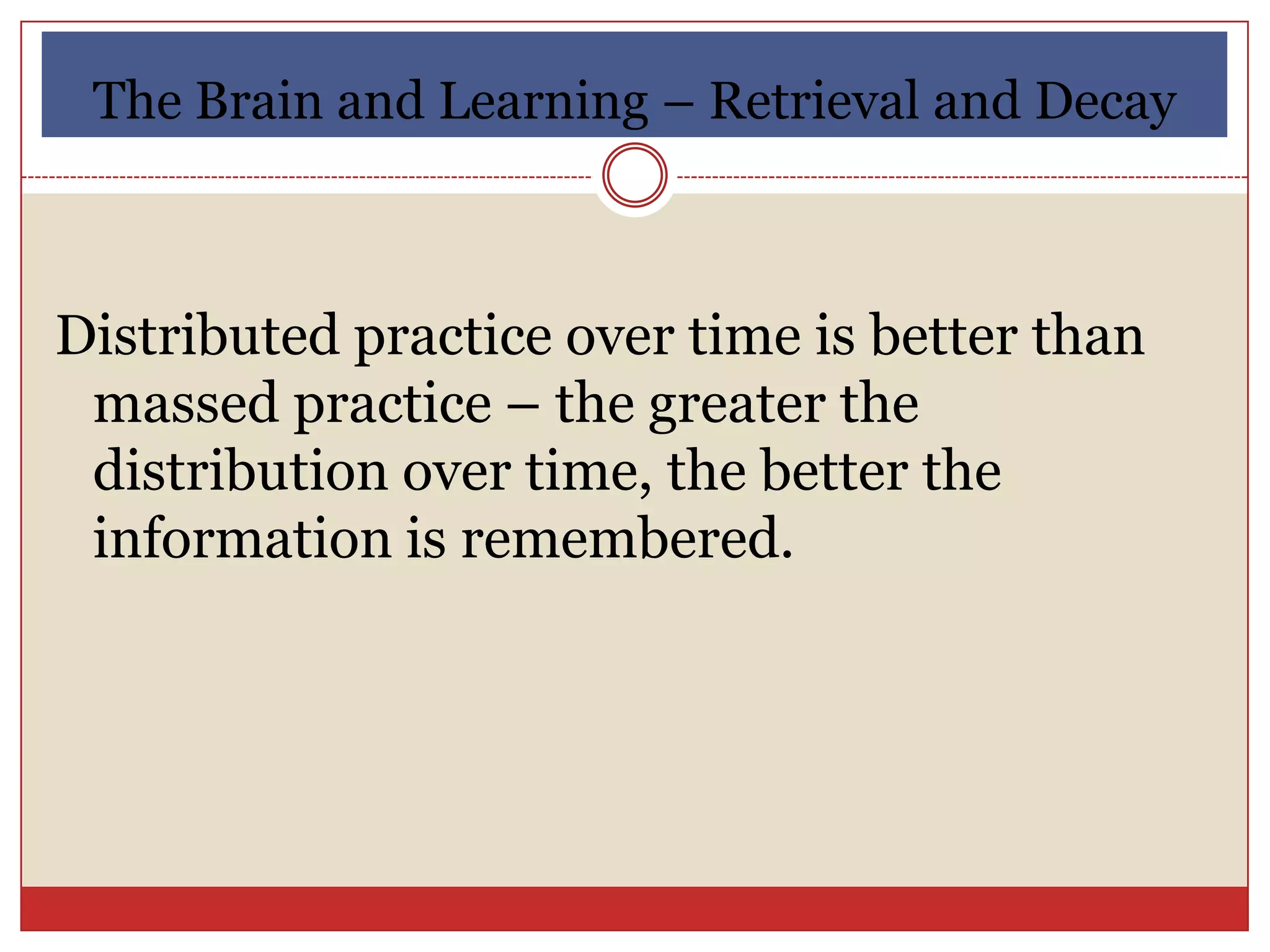 The Brain and Learning – Retrieval and Decay



Distributed practice over time is better than
 massed practice – the greater the
 distribution over time, the better the
 information is remembered.
 