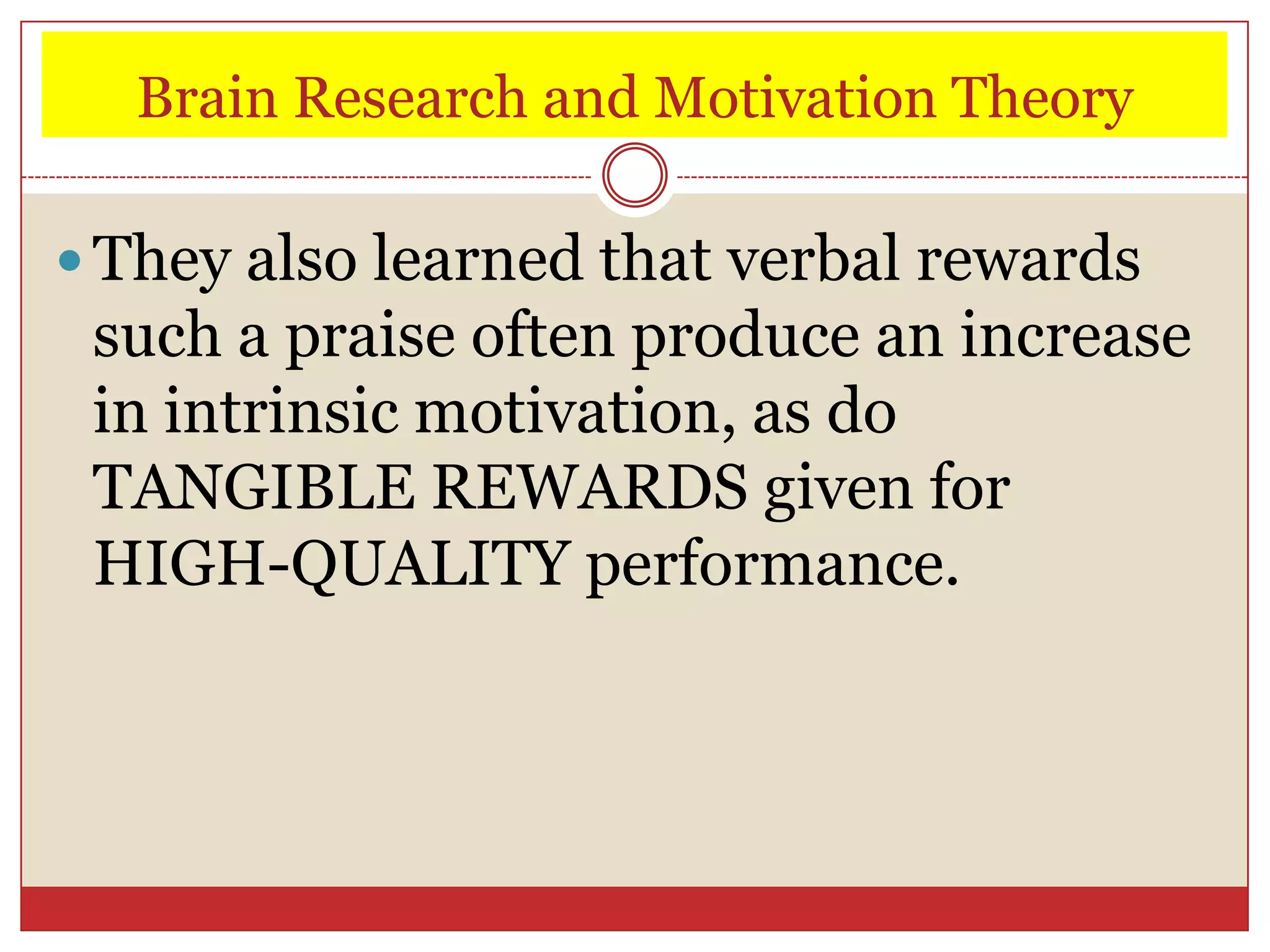 Brain Research and Motivation Theory

 They also learned that verbal rewards
 such a praise often produce an increase
 in intrinsic motivation, as do
 TANGIBLE REWARDS given for
 HIGH-QUALITY performance.
 