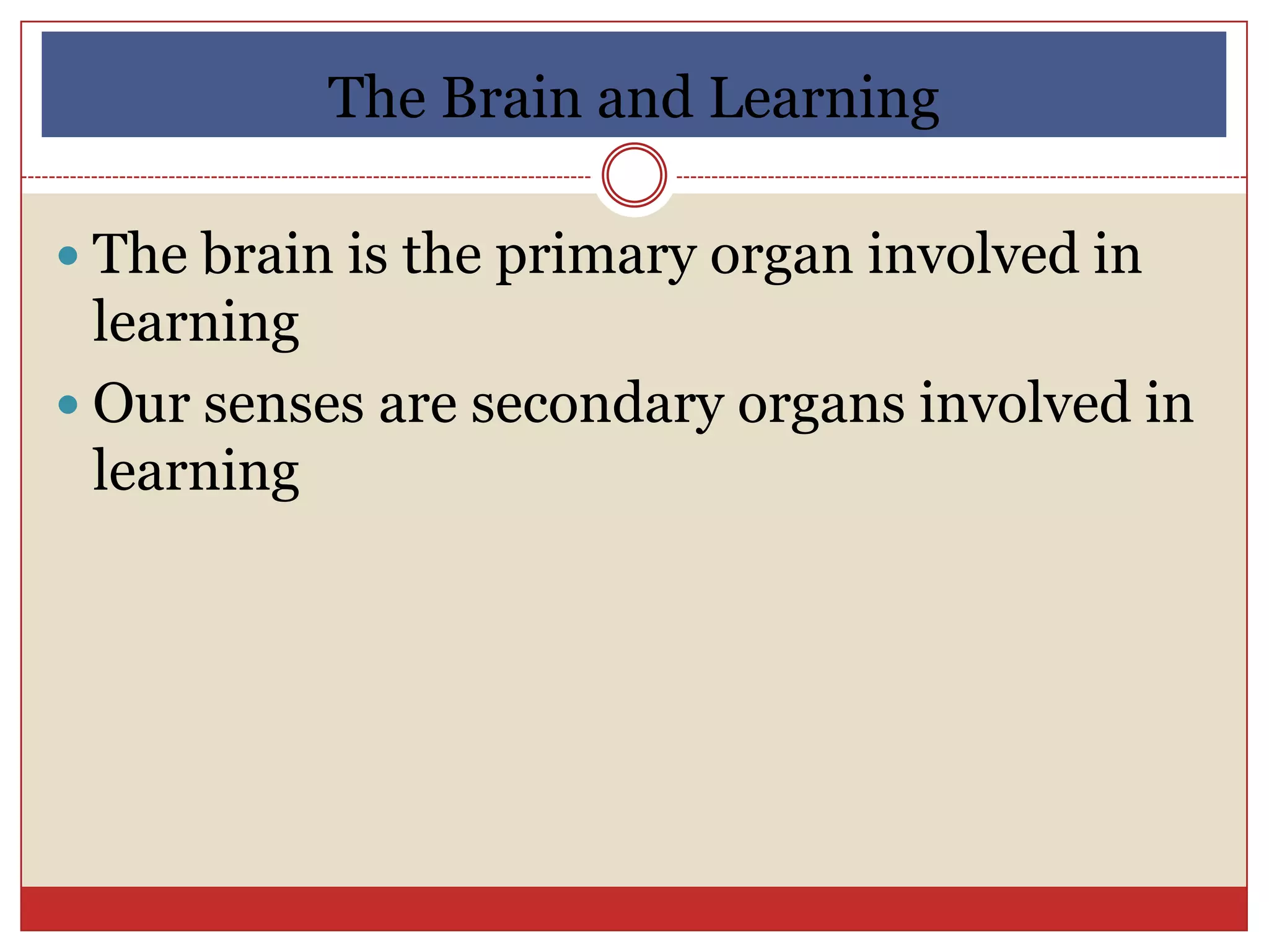 The Brain and Learning

 The brain is the primary organ involved in
  learning
 Our senses are secondary organs involved in
  learning
 
