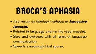 BROCA’S APHASIA
Also known as Nonfluent Aphasia or Expressive
Aphasia.
Related to language and not the vocal muscles;
Slow and awkward with all forms of language
communication.
Speech is meaningful but sparse.
 
