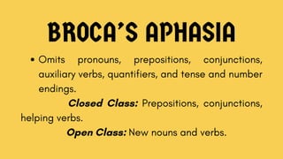 BROCA’S APHASIA
Omits pronouns, prepositions, conjunctions,
auxiliary verbs, quantifiers, and tense and number
endings.
Closed Class: Prepositions, conjunctions,
helping verbs.
Open Class: New nouns and verbs.
 