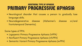ADDITIONAL TYPE OF APHASIA
PRIMARY PROGRESSIVE APHASIA
Neurological disorder that causes a person to gradually lose
language skills.
Neurodegenerative disease (Alzheimer’s disease or/and
frontotemporal Dementia).
Some types of PPA:
Logopenic Primary Progressive Aphasia (IvPPA)
Nonfluent Primary Progressive Aphasia (nfvPPA)
Semantic Variant Primary Progressive Aphasia (svPPA)
 