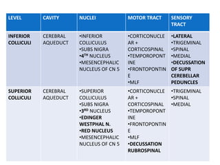 LEVEL CAVITY NUCLEI MOTOR TRACT SENSORY
TRACT
INFERIOR
COLLICULI
CEREBRAL
AQUEDUCT
•INFERIOR
COLLICULUS
•SUBS NIGRA
•4TH NUCLEUS
•MESENCEPHALIC
NUCLEUS OF CN 5
•CORTICONUCLE
AR +
CORTICOSPINAL
•TEMPOROPONT
INE
•FRONTOPONTIN
E
•MLF
•LATERAL
•TRIGEMINAL
•SPINAL
•MEDIAL
•DECUSSATION
OF SUPR
CEREBELLAR
PEDUNCLES
SUPERIOR
COLLICULI
CEREBRAL
AQUEDUCT
•SUPERIOR
COLLICULUS
•SUBS NIGRA
•3RD NUCLEUS
•EDINGER
WESTPHAL N.
•RED NUCLEUS
•MESENCEPHALIC
NUCLEUS OF CN 5
•CORTICONUCLE
AR +
CORTICOSPINAL
•TEMPOROPONT
INE
•FRONTOPONTIN
E
•MLF
•DECUSSATION
RUBROSPINAL
•TRIGEMINAL
•SPINAL
•MEDIAL
 