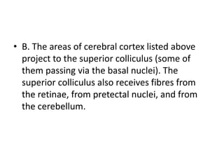 • B. The areas of cerebral cortex listed above
project to the superior colliculus (some of
them passing via the basal nuclei). The
superior colliculus also receives fibres from
the retinae, from pretectal nuclei, and from
the cerebellum.
 