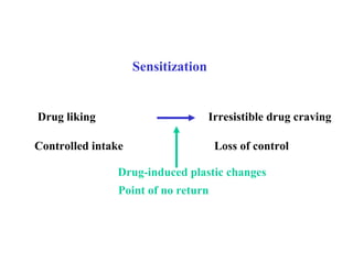 Drug liking
Controlled intake
Irresistible drug craving
Loss of control
Drug-induced plastic changes
Sensitization
Point of no return
 
