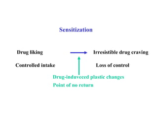 Drug liking
Controlled intake
Irresistible drug craving
Loss of control
Drug-induveced plastic changes
Sensitization
Point of no return
 