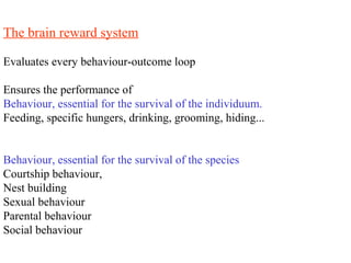 The brain reward system
Evaluates every behaviour-outcome loop
Ensures the performance of
Behaviour, essential for the survival of the individuum.
Feeding, specific hungers, drinking, grooming, hiding...
Behaviour, essential for the survival of the species
Courtship behaviour,
Nest building
Sexual behaviour
Parental behaviour
Social behaviour
 