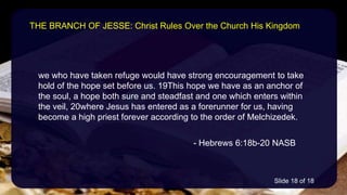 we who have taken refuge would have strong encouragement to take
hold of the hope set before us. 19This hope we have as an anchor of
the soul, a hope both sure and steadfast and one which enters within
the veil, 20where Jesus has entered as a forerunner for us, having
become a high priest forever according to the order of Melchizedek.
- Hebrews 6:18b-20 NASB
THE BRANCH OF JESSE: Christ Rules Over the Church His Kingdom
Slide 18 of 18
 