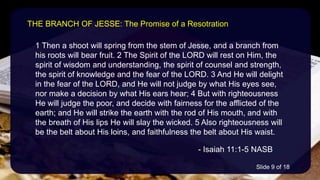 1 Then a shoot will spring from the stem of Jesse, and a branch from
his roots will bear fruit. 2 The Spirit of the LORD will rest on Him, the
spirit of wisdom and understanding, the spirit of counsel and strength,
the spirit of knowledge and the fear of the LORD. 3 And He will delight
in the fear of the LORD, and He will not judge by what His eyes see,
nor make a decision by what His ears hear; 4 But with righteousness
He will judge the poor, and decide with fairness for the afflicted of the
earth; and He will strike the earth with the rod of His mouth, and with
the breath of His lips He will slay the wicked. 5 Also righteousness will
be the belt about His loins, and faithfulness the belt about His waist.
- Isaiah 11:1-5 NASB
THE BRANCH OF JESSE: The Promise of a Resotration
Slide 9 of 18
 