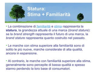 La combinazione di   familiarità   e   stima   rappresenta la  statura , la grandezza attuale di una marca ( brand stature ): se la  brand strength  rappresenta il futuro di una marca, la  brand stature  rappresenta quanto costruito nel passato. Le marche con stima superiore alla familiarità sono di solito le più nuove, marche considerate di alta qualità, ancora in espansione. Al contrario, le marche con familiarità superiore alla stima, generalmente sono percepite di bassa qualità e spesso stanno perdendo la loro base di consumatori.   Statura: Stima + Familiarità 