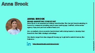 ANNA BROOK
BRAND MARKETING CONSULTANT
Anna Brook is an experienced startup brand builder. She has led brand marketing in-
...