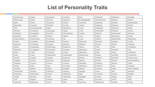 List of Personality Traits
Adventurous Classy Disciplined Futuristic Kind Obstinate Rebellious Sociable
Affectionate Clean Discreet Generous Knowledgeable Old-fashioned Refined Solemn
Agile Clever Disruptive Gentile Laid-back Optimistic Reliable Sophisticated
Agreeable Coherent Dramatic Grumpy Liberal Outgoing Religious Soulful
Alert Compassionate Eager Handsome Lively Outspoken Reserved Stable
Altruistic Competent Easy-going Happy Local Passionate Resolute Strong
Ambitious Competitive Eccentric Hard-working Logical Paternal Resourceful Studious
Analytical Confident Efficient Helpful Loud Patient Respectful Subtle
Argumentative Conservative Emotional Hip Loyal Patriotic Responsible Systematic
Artistic Consistent Empathetic Humble Masculine Peaceful Restless Tactful
Assertive Controlling Energetic Idealistic Maternal Pensive Rowdy Talented
Astute Cooperative Enterprising Impetuous Mature Picky Safe Thoughtful
Balanced Courageous Enthusiastic Impulsive Methodical Playful Sarcastic Tidy
Brave Crafty Exuberant Incisive Meticulous Polite Sassy Traditional
Calm Crazy Fashionable Independent Mischievous Popular Scientific Trustworthy
Candid Creative Fearless Indiscreet Modern Practical Sensitive Unassuming
Capable Critical Feminine Ingenious Modest Precise Serene Unconventional
Careless Curious Fervent Innocent Motivated Proactive Serious Urban
Caring Deep Fiery Innovative Mysterious Proficient Sexy Versatile
Cautious Defiant Flashy Insightful Natural Profound Sharp Warm-hearted
Charismatic Delicate Flirtatious Inspiring Naughty Proud Silly Watchful
Charming Determined Formal Intellectual Neat Provincial Sincere Wealthy
Chatty Devoted Frank Interesting Nostalgic Prudent Sloppy Wise
Chic Diligent Friendly Joyful Nosy Punctual Smart Witty
Child-like Diplomatic Funny Keen Nurturing Reassuring Snobby Young
 