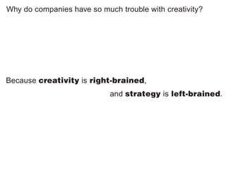 Why do companies have so much trouble with creativity?




Because creativity is right-brained,
                            and strategy is left-brained.
 