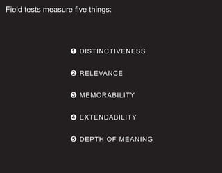 Field tests measure five things:
DISTINCTIVENESS
RELEVANCE
MEMORABILITY
EXTENDABILITY
DEPTH OF MEANING
1
2
3
4
5
 