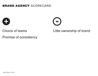 BRAND AGENCY SCORECARD




Choice of teams          Little ownership of brand
Promise of consistency




NEUTRONLLC.COM
 