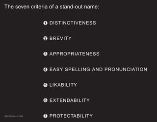 The seven criteria of a stand-out name:

                 1 DISTINCTIVENESS


                 2 BREVITY


                 3 APPROPRIATENESS


                 4 EASY SPELLING AND PRONUNCIATION


                 5 LIKABILITY


                 6 EXTENDABILITY


NEUTRONLLC.COM   7 PROTECTABILITY
 