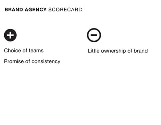 BRAND AGENCY SCORECAR D




Choice of teams           Little ownership of brand

Promise of consistency
 