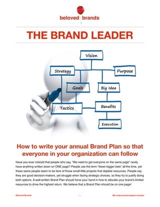 THE BRAND LEADER
How to write your annual Brand Plan so that
everyone in your organization can follow
Have you ever noticed that people who say, “We need to get everyone on the same page” rarely
have anything written down on ONE page? People use the term “fewer bigger bets” all the time, yet
these same people seem to be fans of those small little projects that deplete resources. People say
they are good decision-makers, yet struggle when facing strategic choices, so they try to justify doing
both options. A well-written Brand Plan should force your hand in how to allocate your brand’s limited
resources to drive the highest return. We believe that a Brand Plan should be on one page!
Beloved Brands 1 We make brand leaders smarter
 