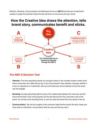 Attention, Branding, Communication and Stickiness forms our ABC’S tool that can to help Brand
Leaders to judge the potential impact the ads will have on consumers and your brand.
The ABC’S Decision Tool
• Attention: The best advertising stands out and gets noticed in the crowded modern media world
where consumers see 7000 ads per day. If your brand doesn’t draw attention naturally, whether it
is low on importance or involvement, then you will need even more creativity to force the brand
into the limelight.
• Branding: the best advertising tells the story of the relationship between the consumer and the
brand will link best. Even more powerful are the ads that are from the consumers view of the
brand. It’s not how much branding there is, but how close the brand ﬁts to the climax of the ad.
• Communication: Tap into the insights of the consumer helps tell the brand’s life story. Keep your
story easy to understand, not just about what you say, but how you say it.
Beloved Brands 4 We make brand leaders smarter
We make brands stronger.
We make brand leaders smarter.
It garners
breakthrough
ATTENTION
COMMUNICATES
consumer benefits
through the story
It puts the
spotlight on
BRAND
It is memorable
and STICKS
over time
Big
IdeaA
B
C
S
The Creative Idea has to
express the Big Idea
through the ABC’S
Creative
Idea
How the Creative Idea draws the attention, tells
brand story, communicates benefit and sticks.
 