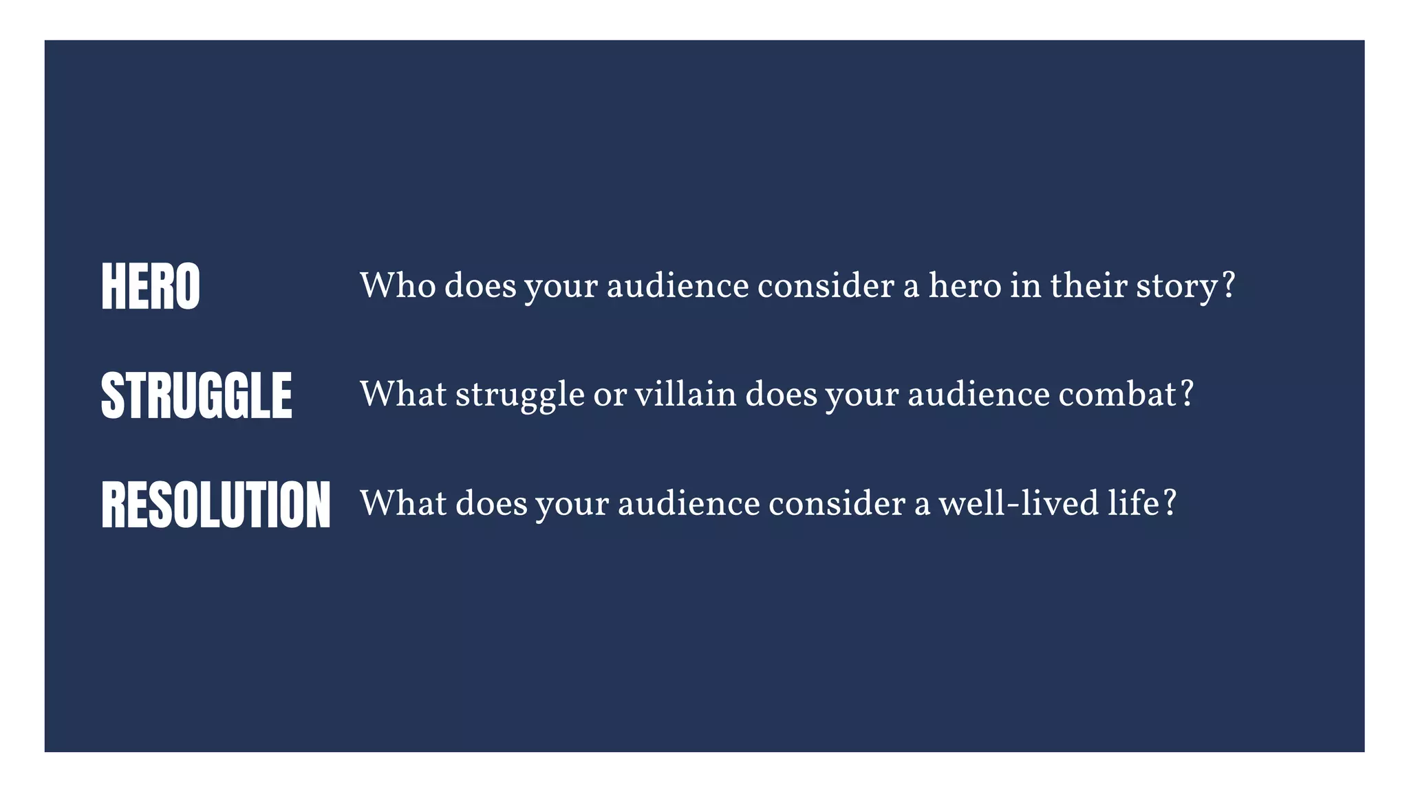 HERO Who does your audience consider a hero in their story?
STRUGGLE
 What struggle or villain does your audience combat?
RESOLUTION What does your audience consider a well-lived life?
 