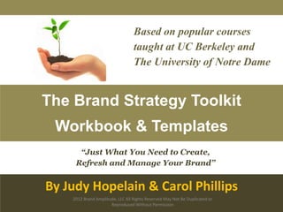 “Just What You Need to Create,
Refresh and Manage Your Brand”
Based on popular courses
taught at UC Berkeley and
The University of Notre Dame
The Brand Strategy Toolkit
Workbook & Templates
By Judy Hopelain & Carol Phillips
2012 Brand Amplitude, LLC All Rights Reserved May Not Be Duplicated or
Reproduced Without Permission
 