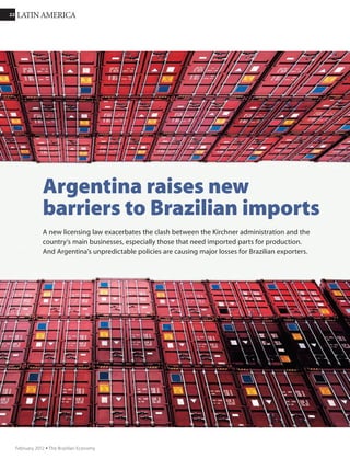 2222 COVER STORY
September 2011 Ÿ The Brazilian Economy
10 leading developing countries, led
by China, India, and Turkey — and
imported US$4.6 billion in such services
and US$1.7 billion in goods. In 2010,
PriceWaterhouseCooper reports, Brazil
was among countries with the highest
growth in media and entertainment:
15.3% over 2009, for a total of US$33.1
billion. Cable television, internet access,
and television advertising all had over
20% revenue growth. A joint report
from the World Intellectual Property
Organization (WIPO) and the European
Institute of Business Administration
(INSEAD) ranked Brazil 12th among
125 countries in dynamic artistic and
cultural productions, and in 2008 the
Federation of Industries of the State
of Rio de Janeiro (Firjan) found that
“jobs involved in the creative economy
Boosts tax revenues, job creation,ÂÂ
and exports, promoting social
inclusion, cultural diversity, and human
development.
Promotes economic, social, and cultural rights and involves technology,ÂÂ
intellectual property, and tourism.
Is characterized by cross-cutting activities that connect macro andÂÂ
micro levels to the total economy.
Demands innovation, interdisciplinary public policies, andÂÂ
interministerial actions.
Has a solid core of creative industries.ÂÂ
The creative economy
according to Unctad
“Throughout the world
there has emerged
a consensus on the
importance of economic
sectors that intensively
use new technologies
and new ideas —
creativity.”
Lidia Goldenstein
 