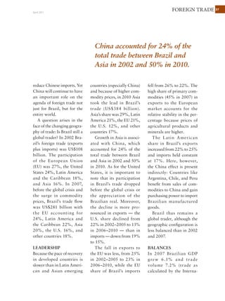 37PUBLIC POLICYJanuary 2011
37
Annual inflation targets (%)
Target range Actual inflation
2003 2 - 6 9.30
2004 3.5 - 7.5 7.60
2005 2.5 - 6.5 5.70
2006 2.5 - 6.5 3.14
2007 2.5 - 6.5 3.14
2008 2.5 - 6.5 5.90
2009 2.5 - 6.5 4.31
2010 2.5 - 6.5 5.80*
*Projection.
Fernando de Holanda Barbosa
The Central Bank of Brazil1 during the Lula
administration did a good job in controlling
inflation, complying strictly with inflation targets
set by the National Monetary Council (CMN). Its
reserves policy, on the other hand, has produced an
accumulation of reserves that is not justifiable for a
country with a flexible exchange rate system. The
social cost of maintaining large international reserves
is incompatible with the needs of a still large poor
population. Nor has the Central Bank performed
satisfactorily as a regulator of the financial system; it
should create a committee to take over this function.
Finally, the Central Bank has done well as the lender of
last resort. It acted promptly and created the necessary
domestic liquidity in 2008 to prevent a spillover of the
international financial crisis onto Brazil.
Inflation under control
Since 1999 the CMN has set
the inflation target. Its members
are the President of the Central
Bank, the Minister of Planning,
and the Minister of Finance,
who presides. The Central Bank
since the Real Plan2 has had in
effect operational independence
to implement monetary policy,
even though it does not have
The Central Bank
under Lula
Fernando de Holanda Barbosa is a professor of
economicsattheGraduateSchoolofEconomics
of Getulio Vargas Foundation (EPGE-FGV).
 