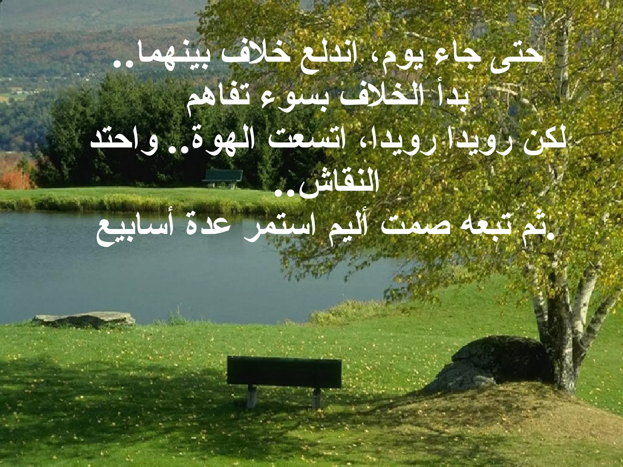 حتى جاء يوم، اندلع خلاف بينهما .. بدأ الخلاف بسوء تفاهم لكن رويدا رويدا، اتسعت الهوة ..  واحتد النقاش .. ثم تبعه صمت أليم استمر عدة أسابيع . 