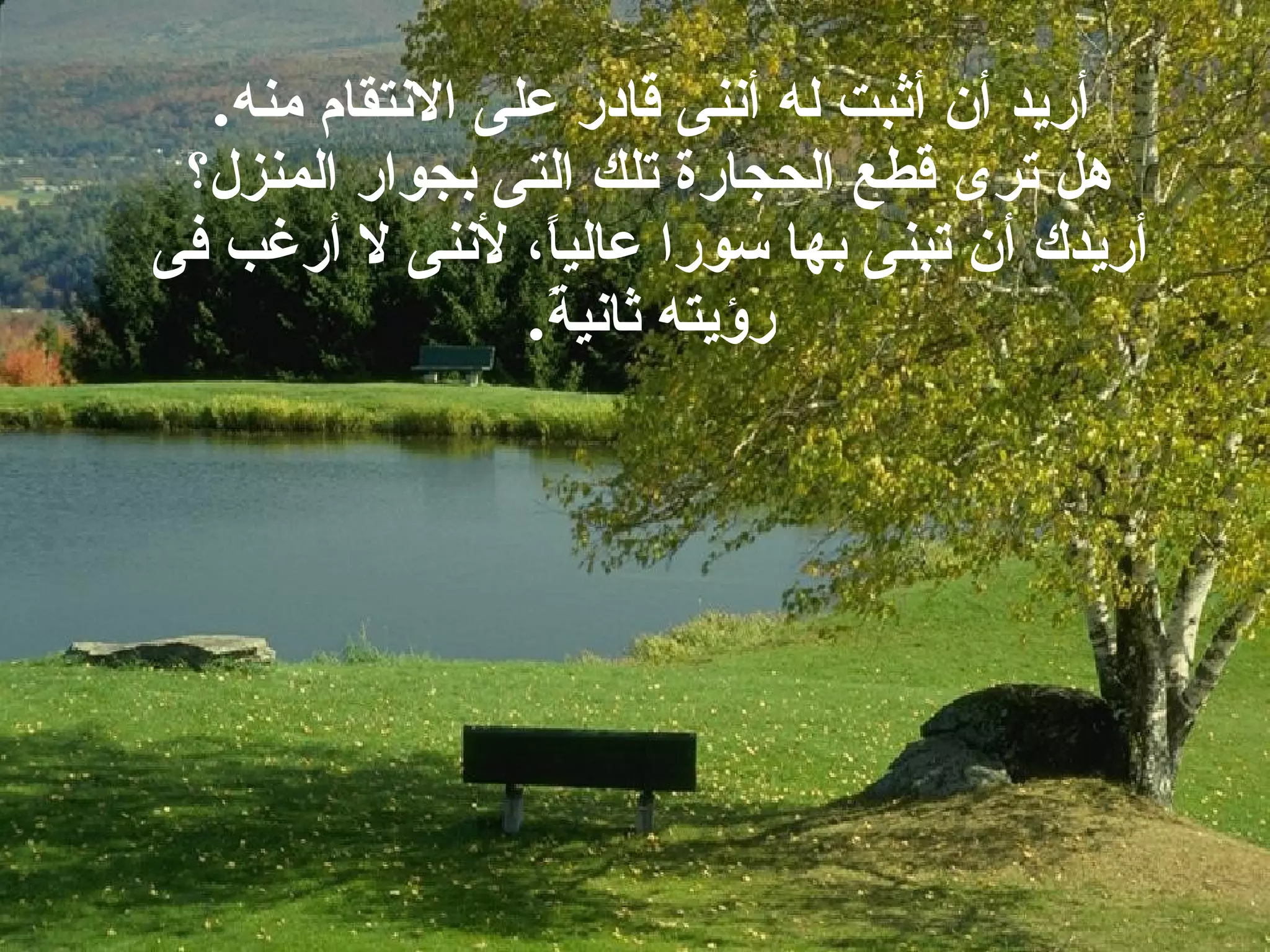 أريد أن أثبت له أننى قادر على الانتقام منه . هل ترى قطع الحجارة تلك التى بجوار المنزل؟ أريدك أن تبنى بها سورا عالياً، لأننى لا أرغب فى رؤيته ثانيةً . 