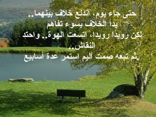 حتى جاء يوم، اندلع خلاف بينهما .. بدأ الخلاف بسوء تفاهم لكن رويدا رويدا، اتسعت الهوة ..  واحتد النقاش .. ثم تبعه صمت أليم استمر عدة أسابيع . 