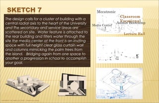 The design calls for a cluster of building with a
central radial axis to the heart of the University
and the secondary and service areas are
scattered on site. Water feature is attached to
the rear building and filters water through the
site the media center at the front is an inviting
space with full height clear glass curtain wall
and columns mimicking the palm trees from
the island. Bridging again from one space to
another a progression in school to accomplish
your goal.
Media Center
Mecatronic
Admin Bootcamp
Classroom
Vocational
Lecture Hall
UNIVERSITY RICHARD LECONTE | Preliminary Ideas
 