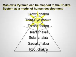 Maslow’s Pyramid can be mapped to the Chakra
System as a model of human development.
 